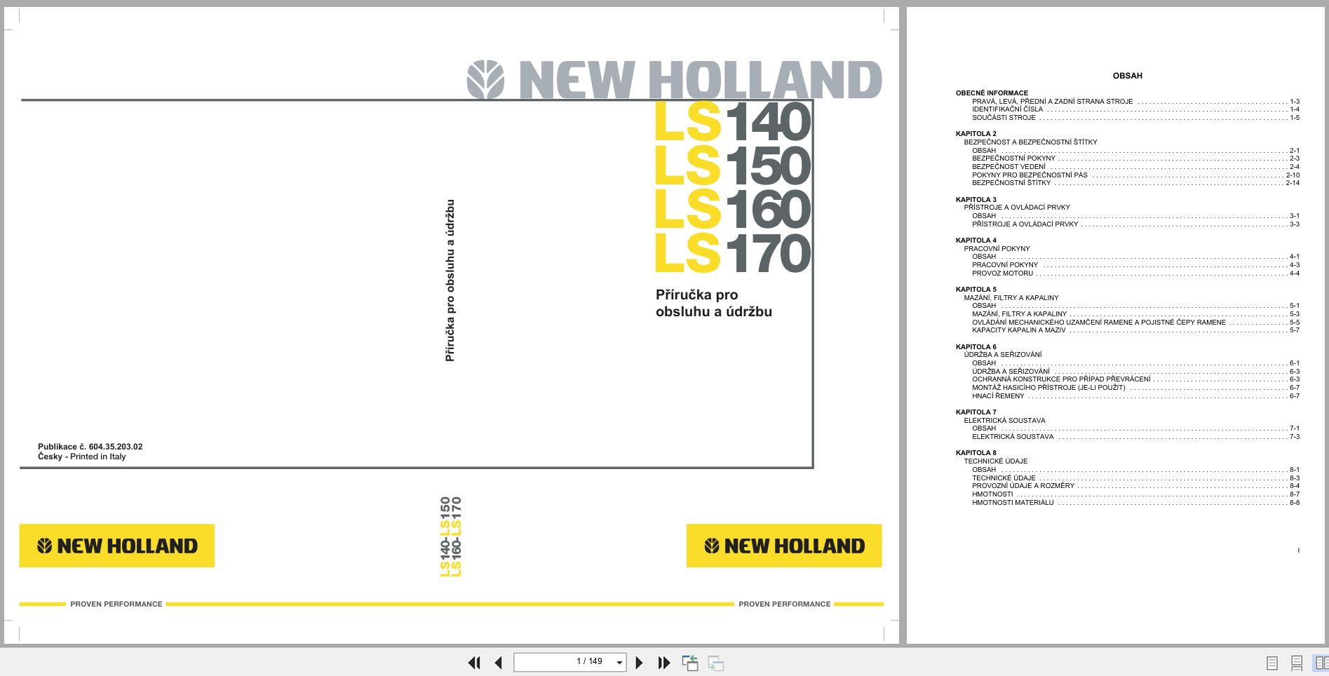 New Holland Loader LS140 to LS170 Operation Maintenance Manual 6043520302 CZ (1)