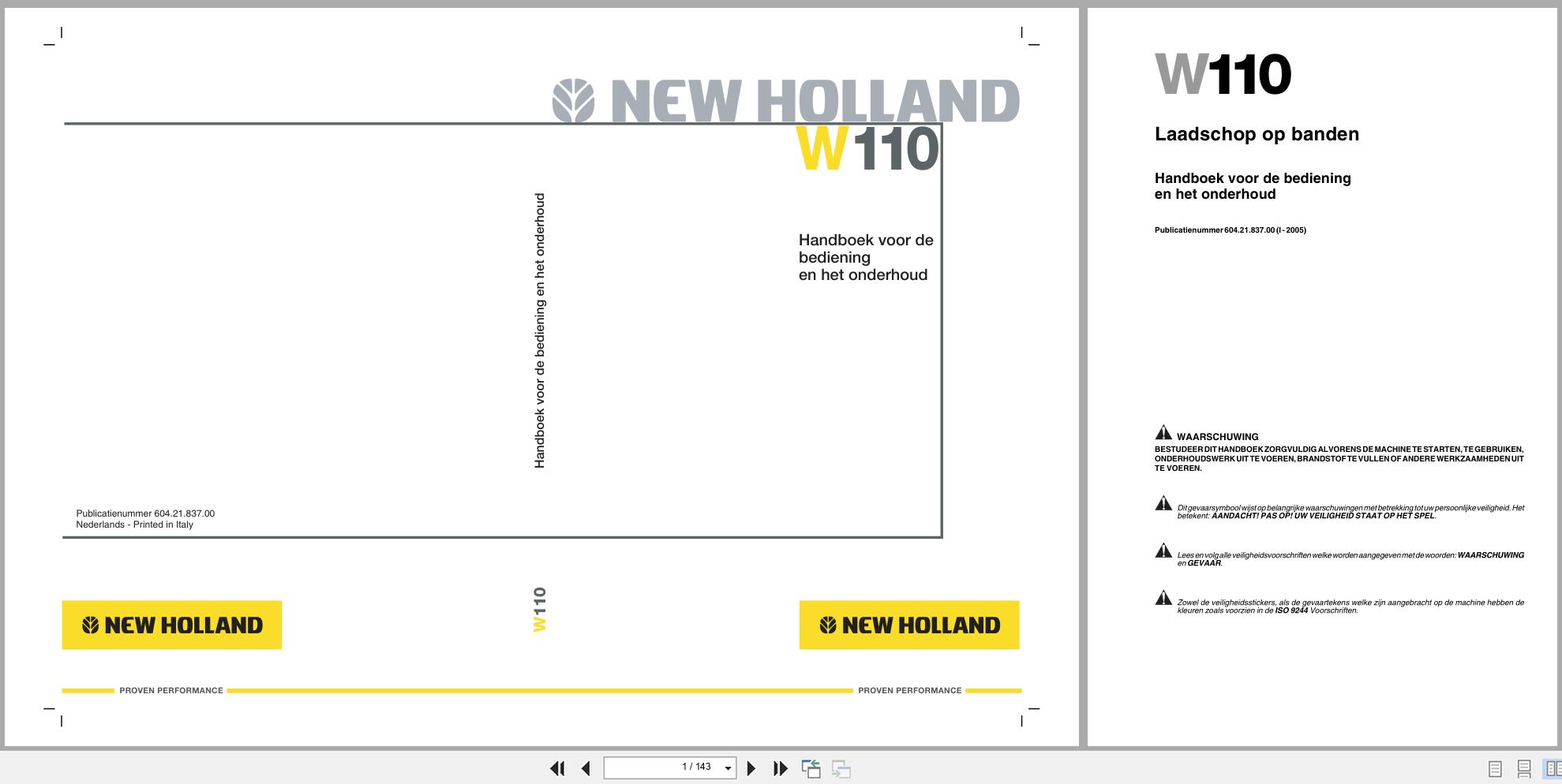 New Holland Loader W110 Operation Maintenance Manual 6042183700 2005 NL (1)