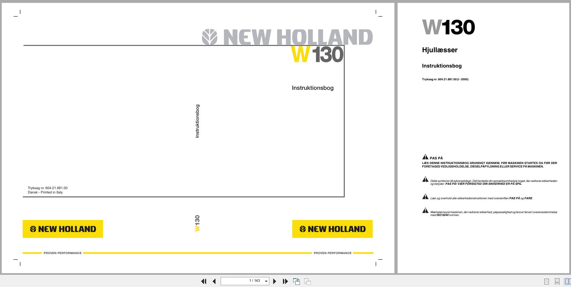 New Holland Loader W130 Operators Manual 6042188100 2005 DK (1)