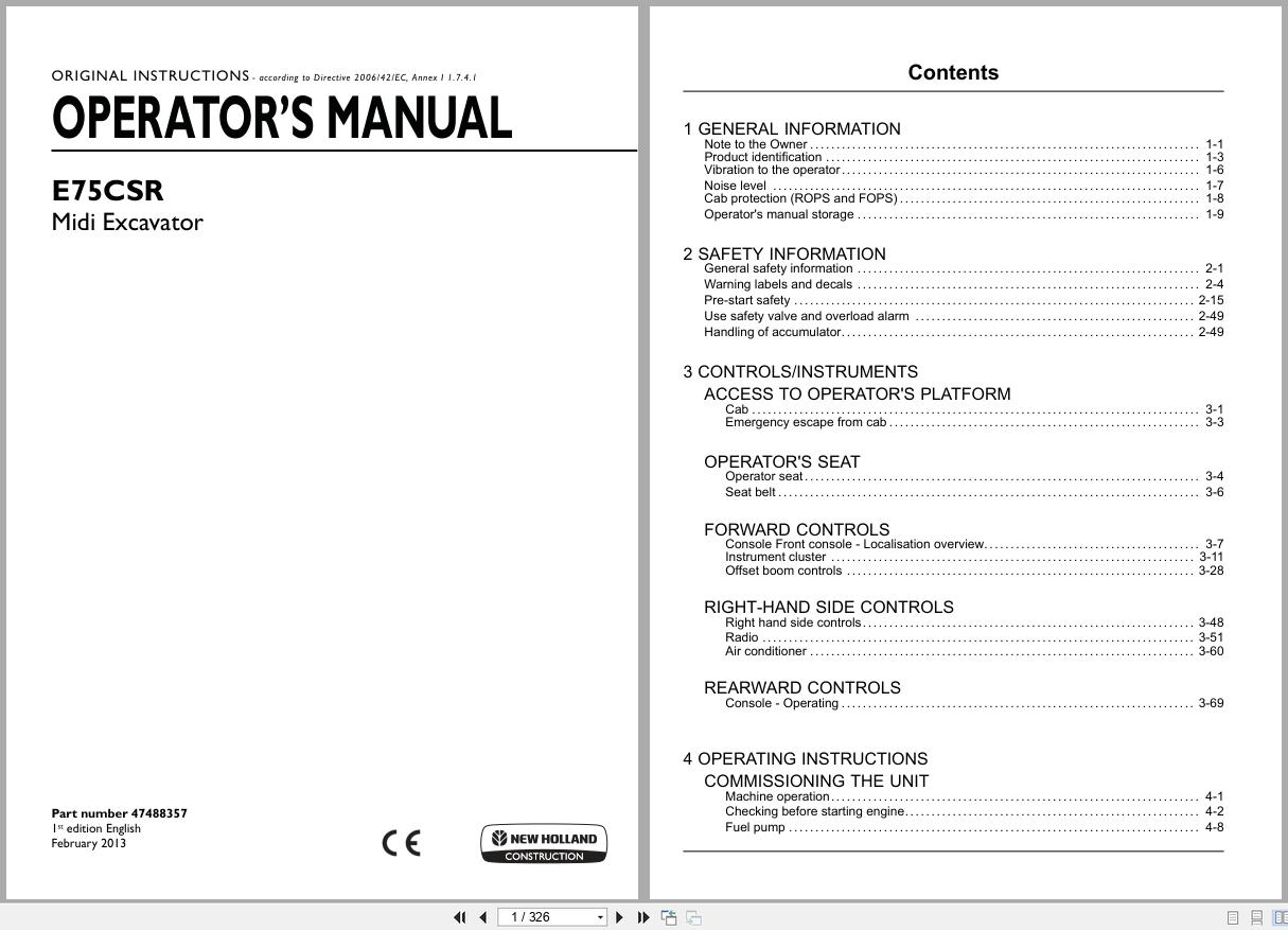 New Holland Midi Excavator E75CSR Operators Manual 47488357 2013 (1)