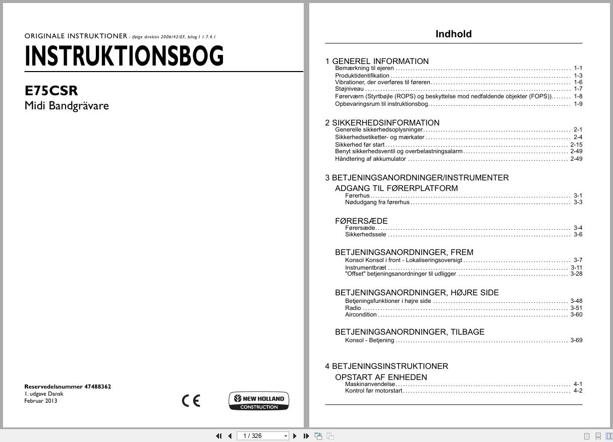 New Holland Midi Excavator E75CSR Operators Manual 47488362 2013 DK (1)