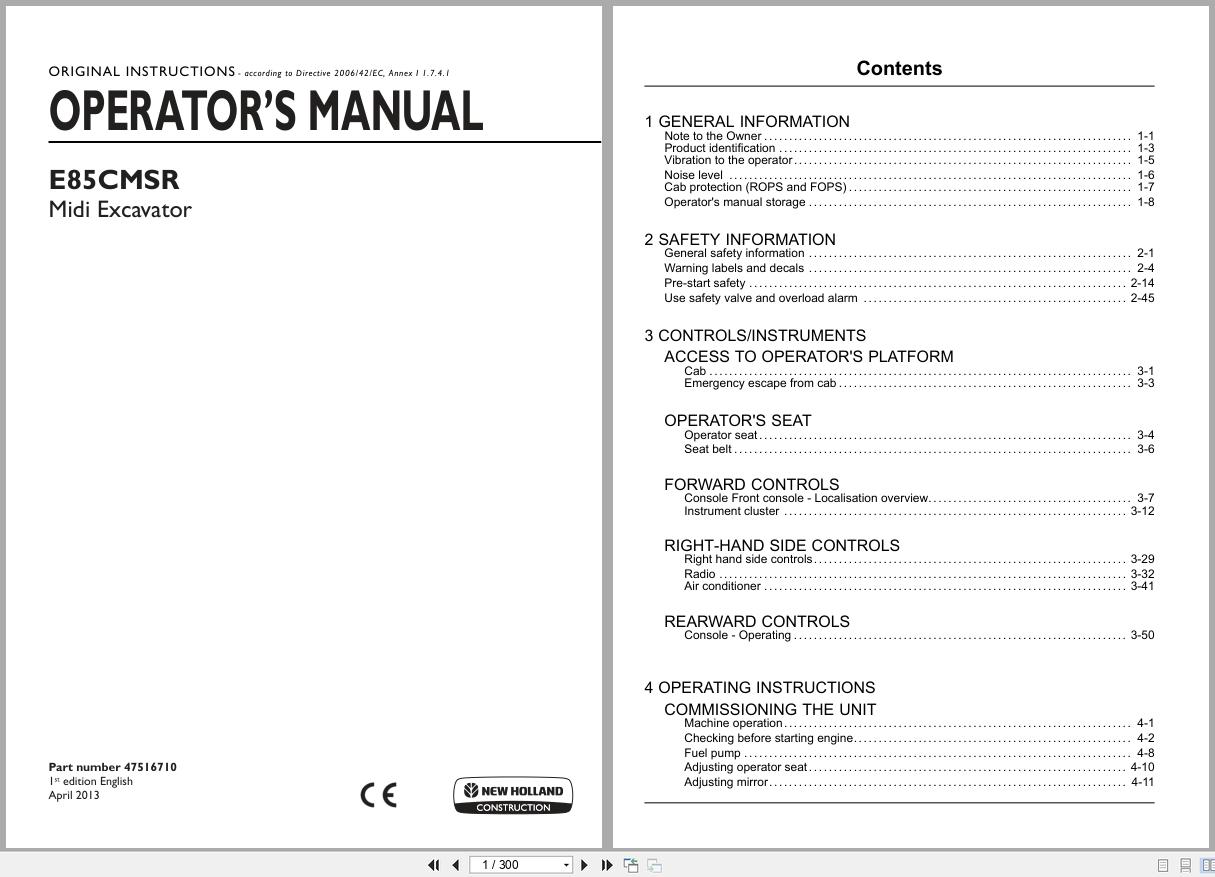 New Holland Midi Excavator E85CMSR Operators Manual 47516710 2013 (1)
