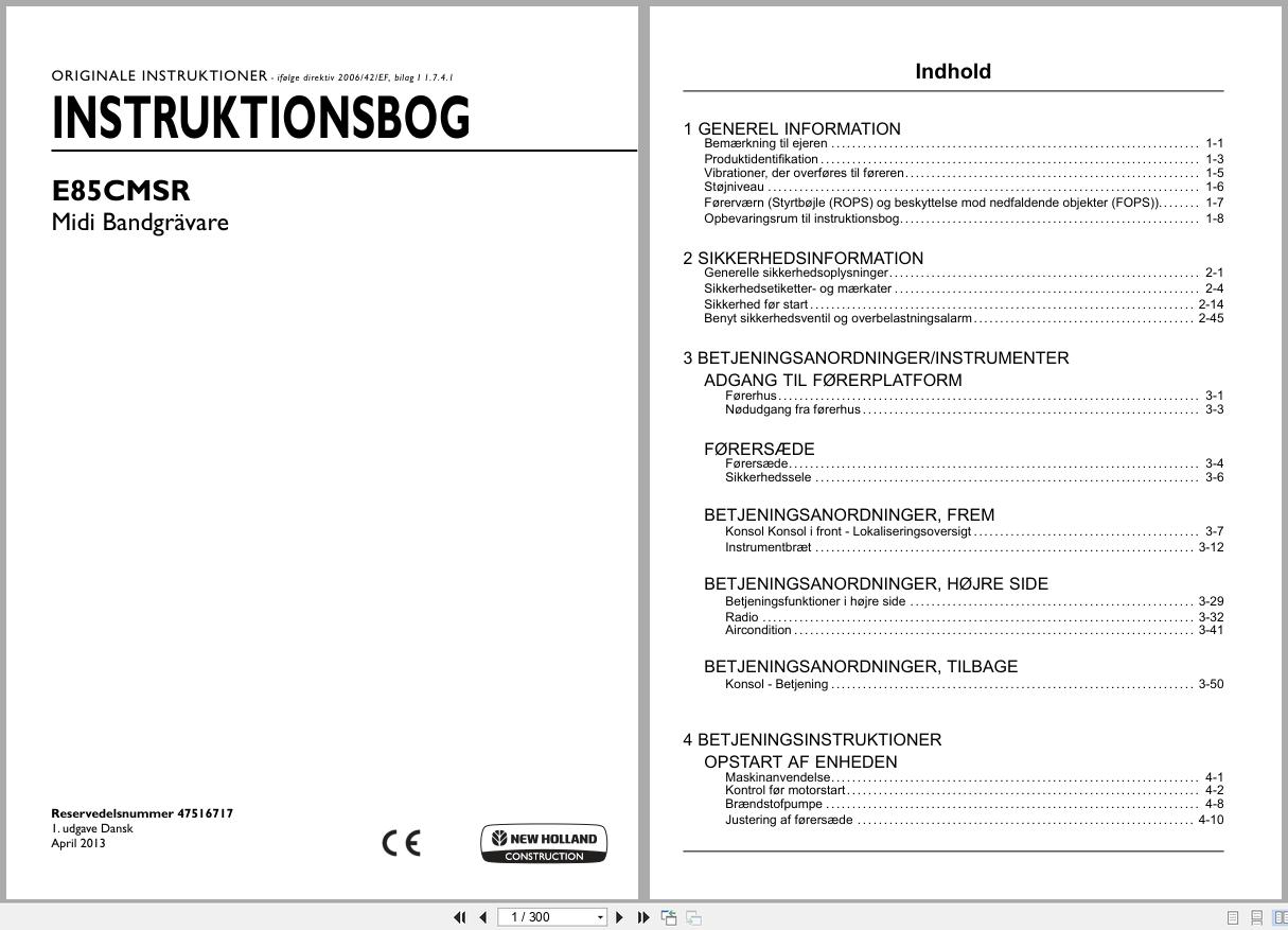 New Holland Midi Excavator E85CMSR Operators Manual 47516717 2013 DK (1)