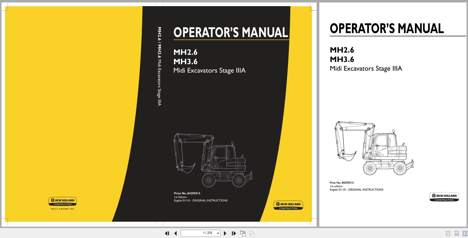 New Holland Midi Excavator MH2.6 MH3.6 Stage IIIA Operators Manual 84295915 2010 (1)
