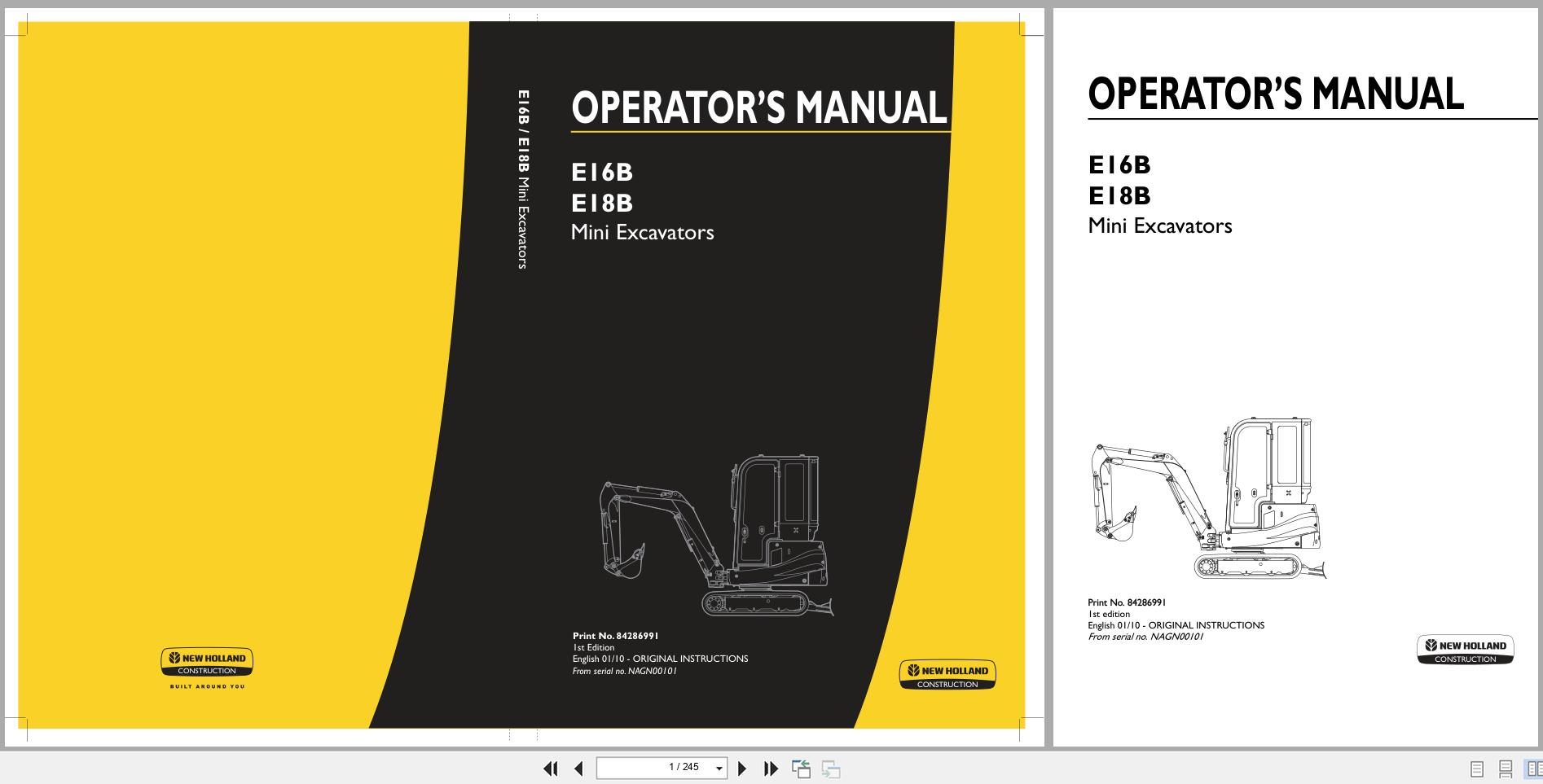 New Holland Mini Excavator E16B E18B Operators Manual 84286991 2010 (1)