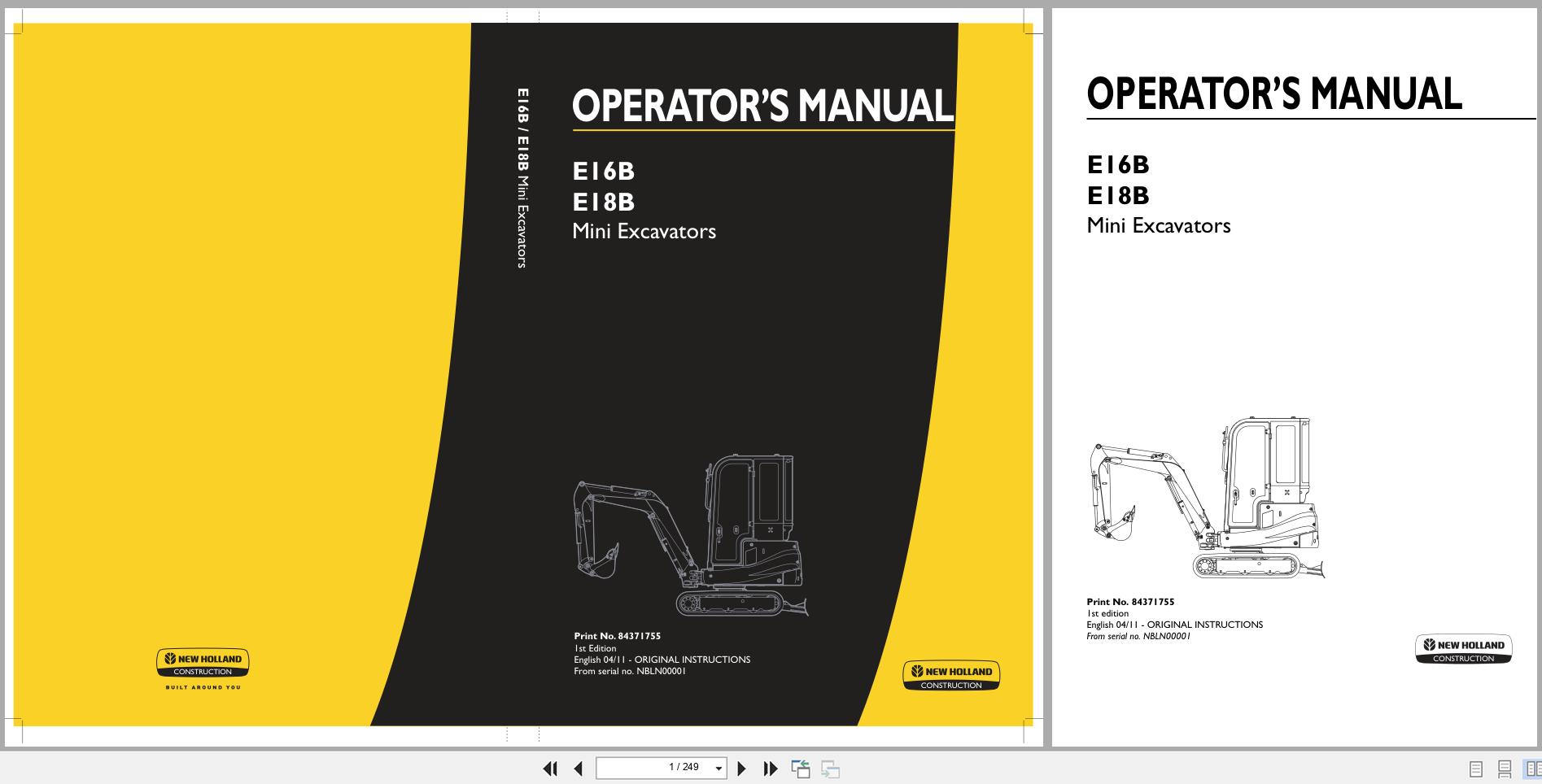 New Holland Mini Excavator E16B E18B Operators Manual 84371755 2011 (1)
