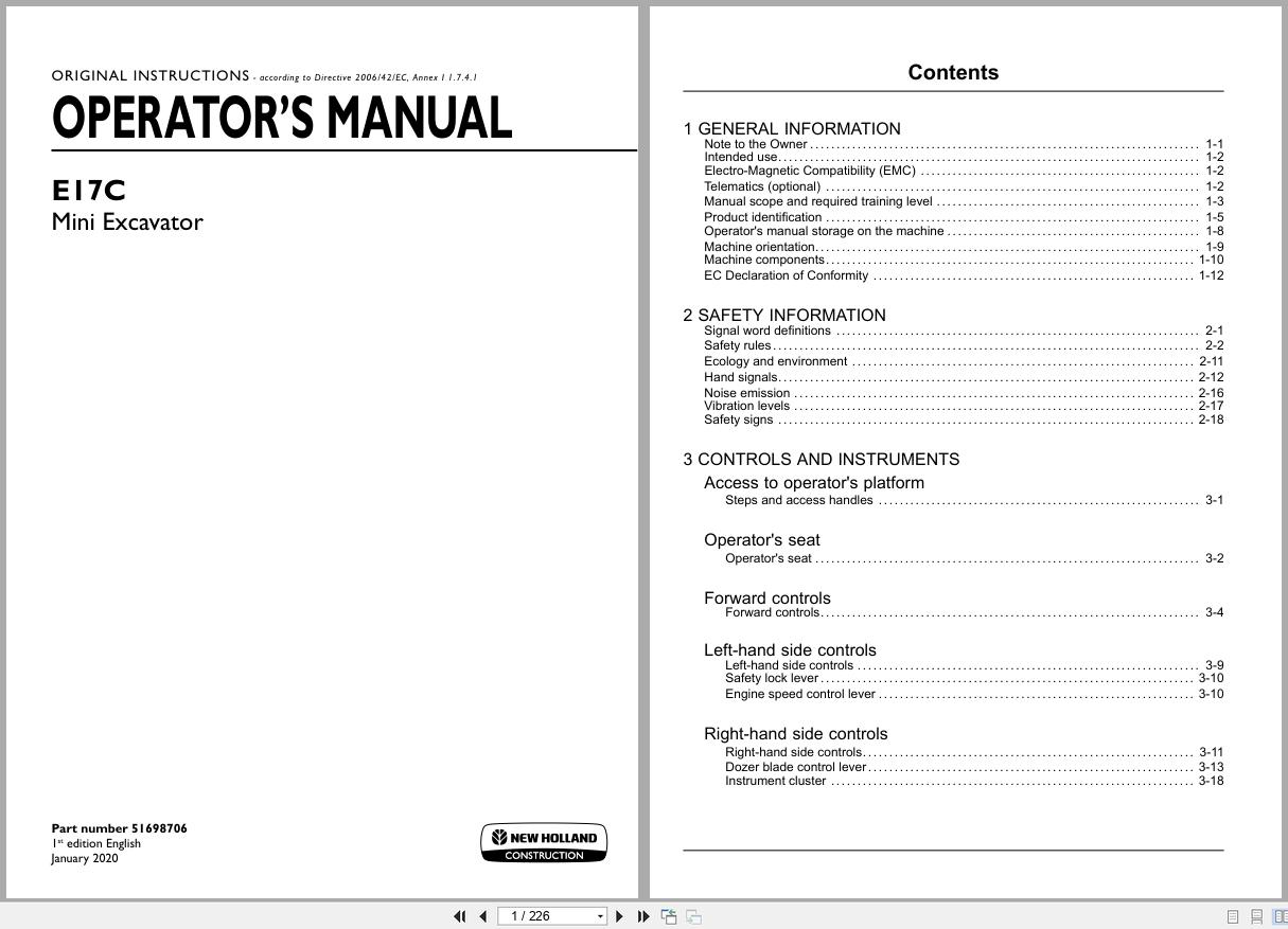 New Holland Mini Excavator E17C Operators Manual 51698706 2020 (1)