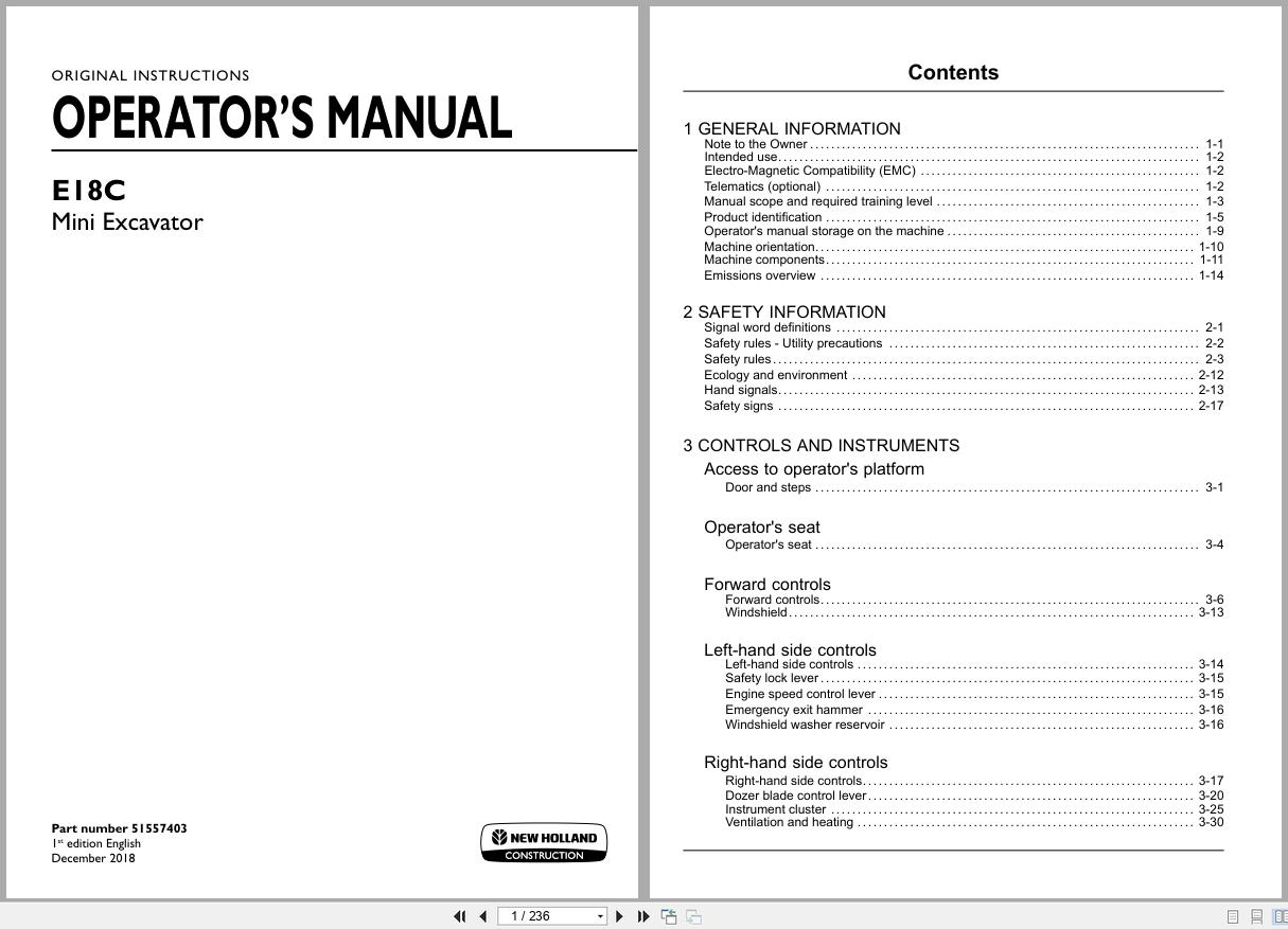 New Holland Mini Excavator E18C Operators Manual 51557403 2018 (1)