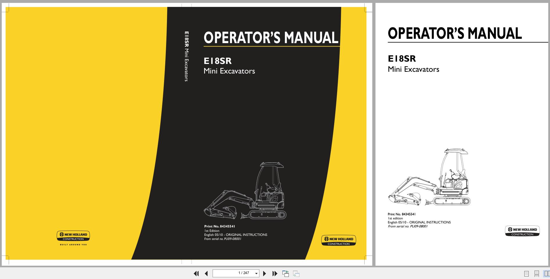 New Holland Mini Excavator E18SR Operators Manual 84345541 2010 (1)