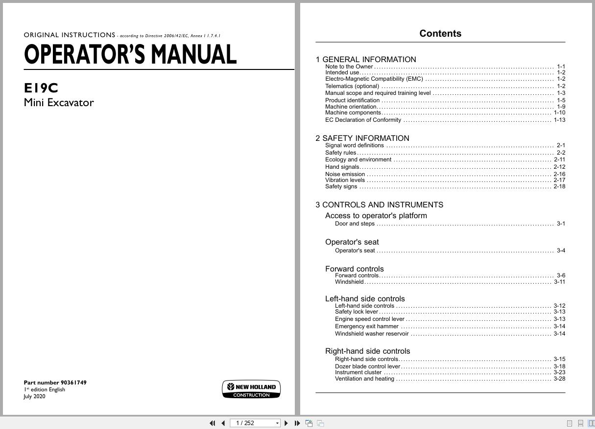 New Holland Mini Excavator E19C Operators Manual 90361749 2020 (1)