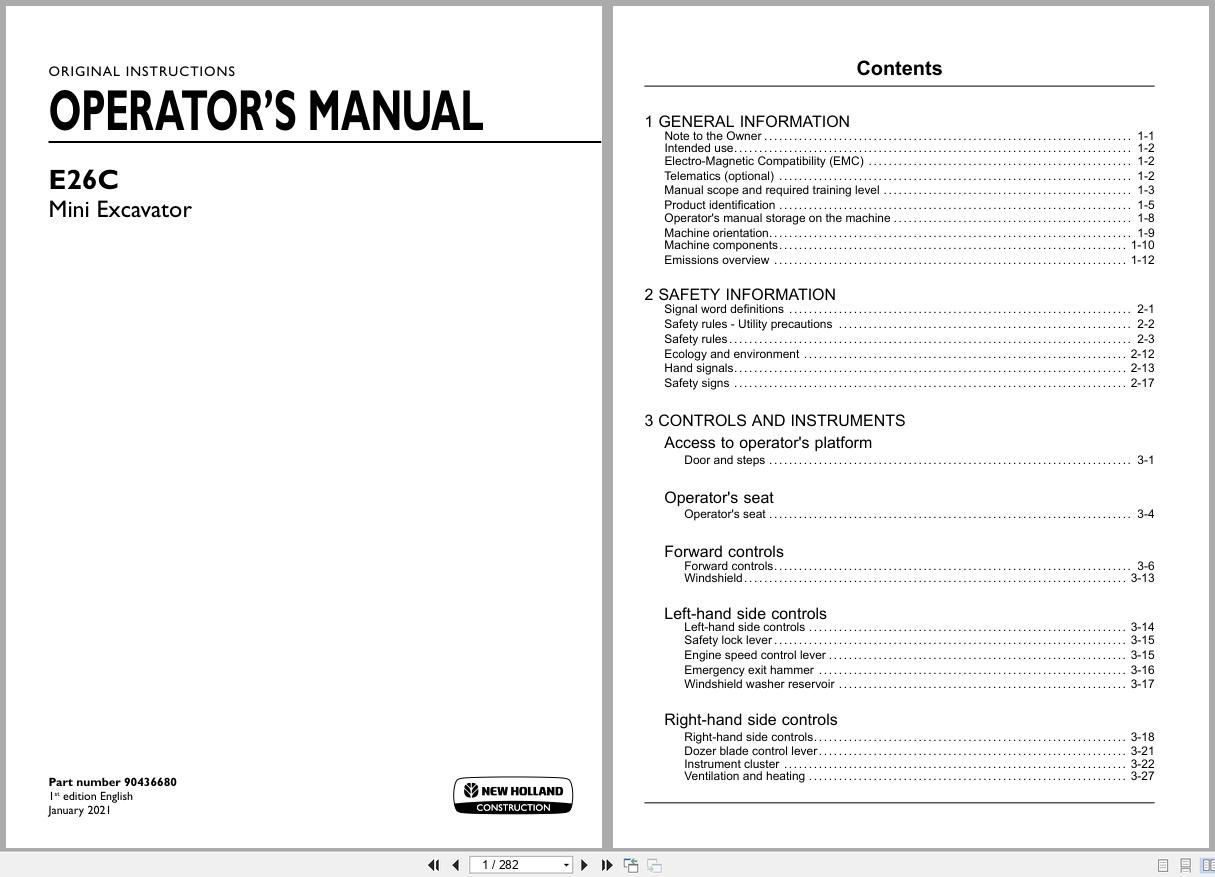 New Holland Mini Excavator E26C Operators Manual 90436680 2021 (1)