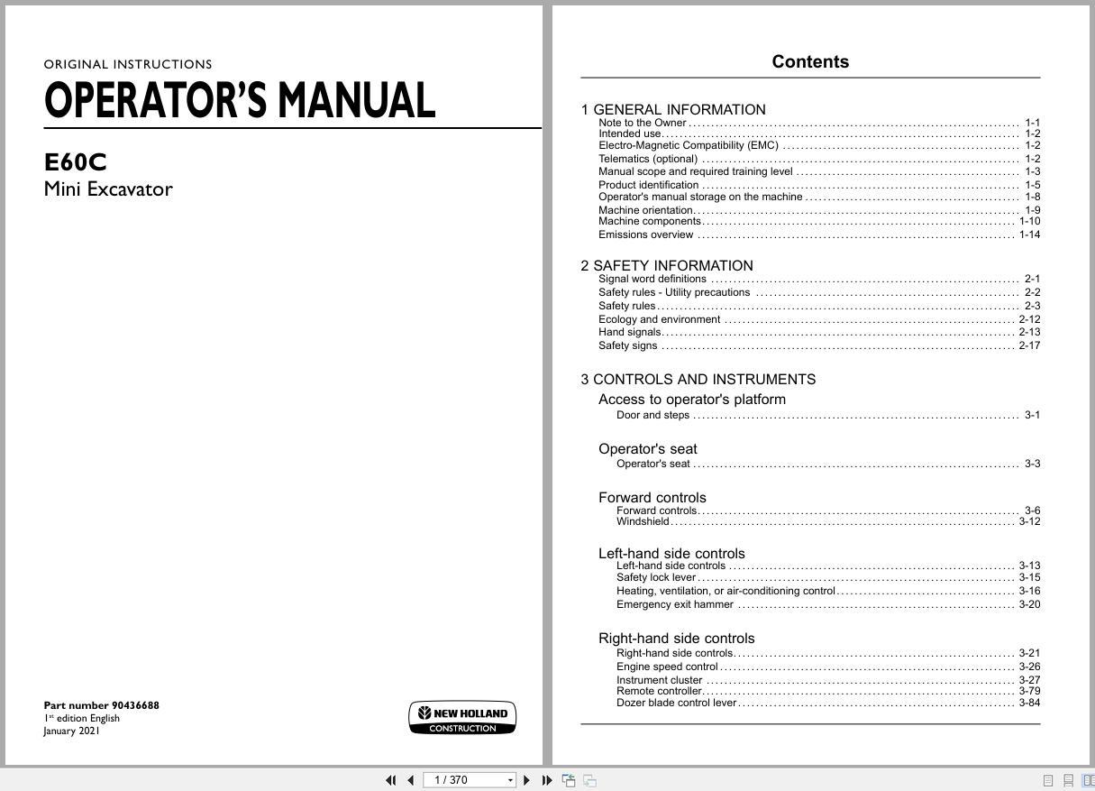 New Holland Mini Excavator E60C Operators Manual 90436688 2021 (1)