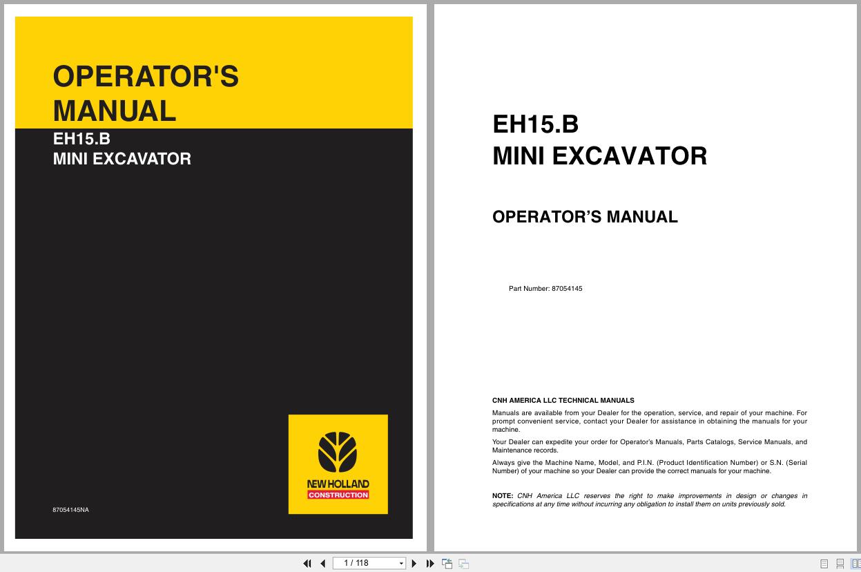 New Holland Mini Excavator EH15.B Operators Manual 87054145NA 2004 (1)