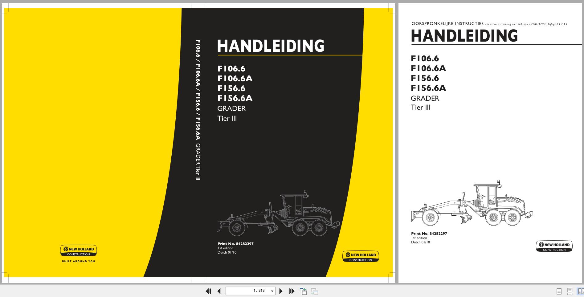 New Holland Motor Grader F106.6 to F156.6A Operation Maintenance Manual 84282297 2010 NL (1)