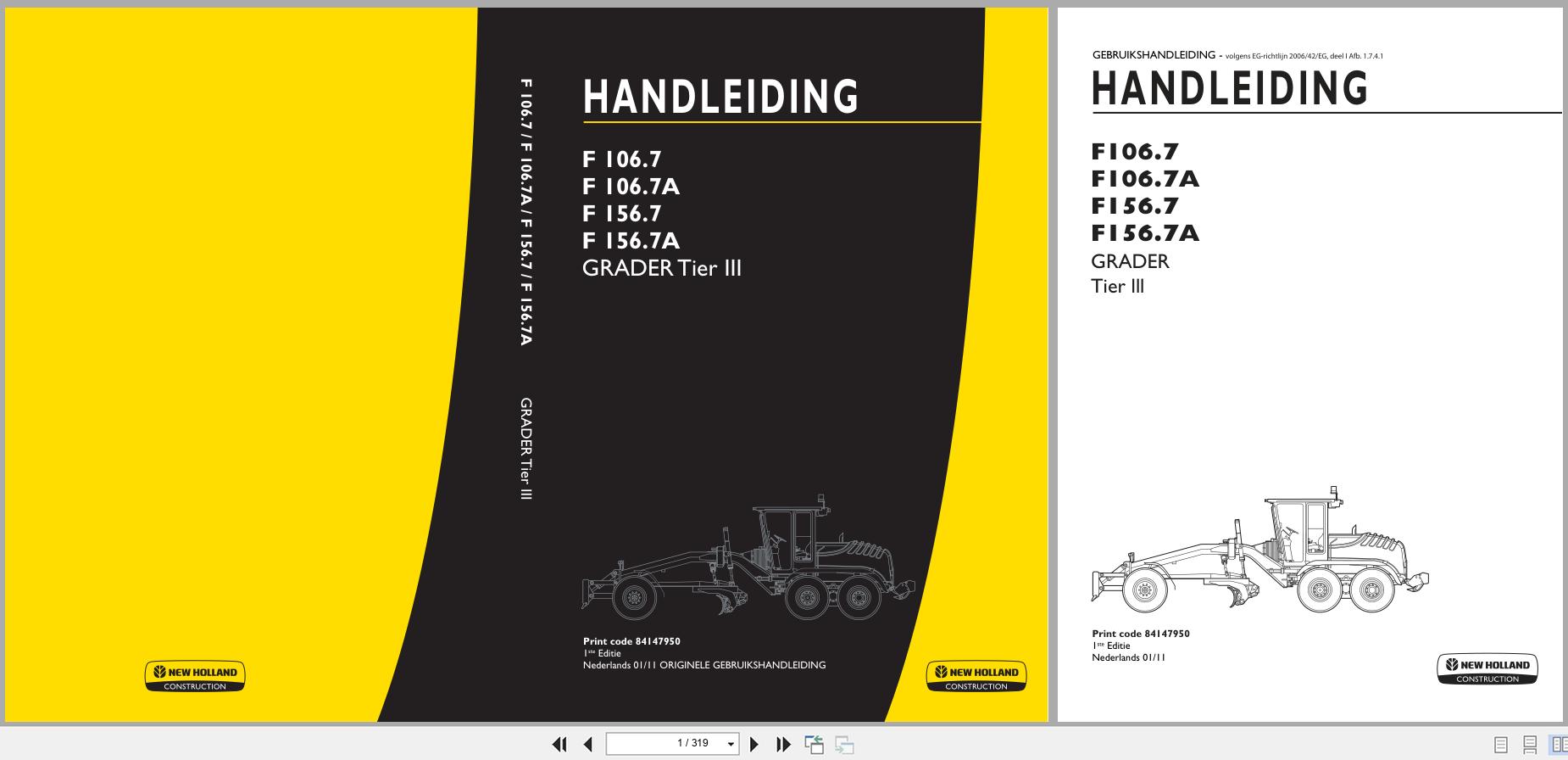 New Holland Motor Grader F106.7 to F156.7A Operation Maintenance Manual 84147950 2011 NL (1)