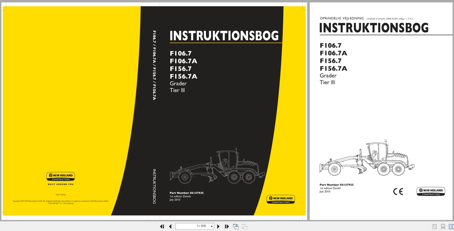 New Holland Motor Grader F106.7 to F156.7A Operators Manual 84147935 2010 DK (1)