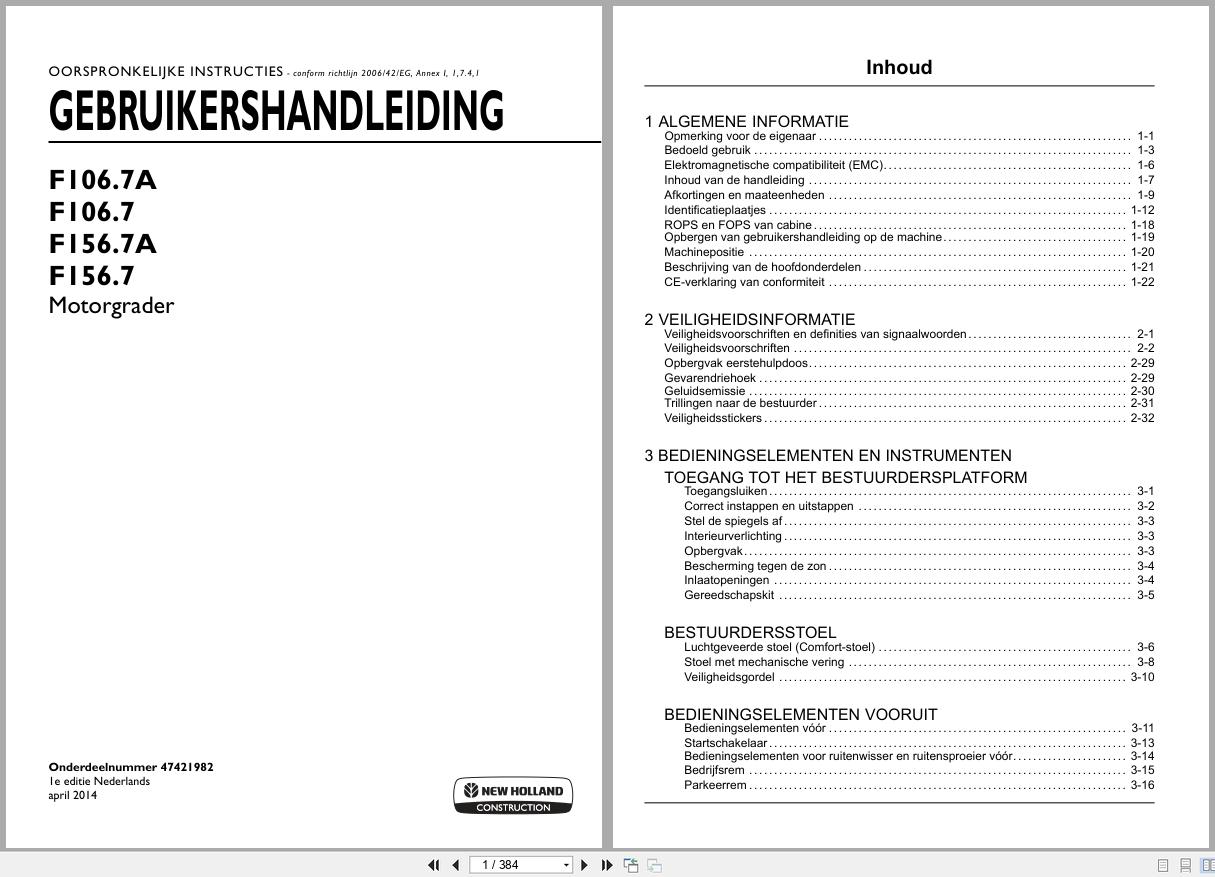 New Holland Motor Grader F106.7A to F156.7 Operation Maintenance Manual 47421982 2014 NL (1)