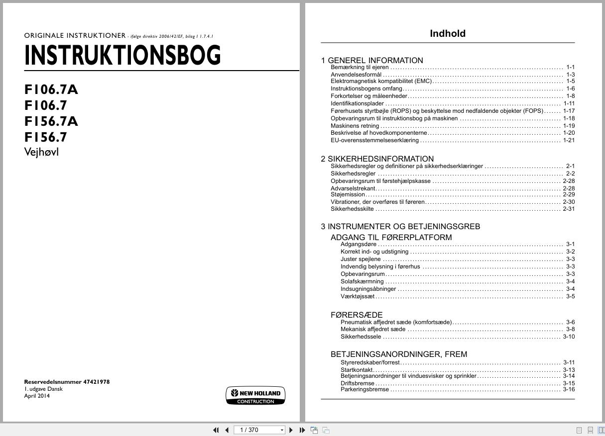 New Holland Motor Grader F106.7A to F156.7 Operators Manual 47421978 2014 DK (1)