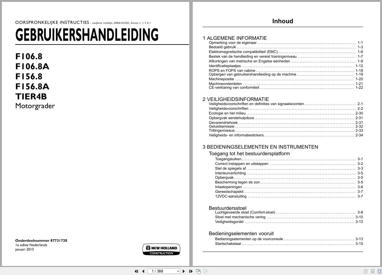 New Holland Motor Grader F106.8 to F156.8A Operation Maintenance Manual 87731720 2015 NL (1)