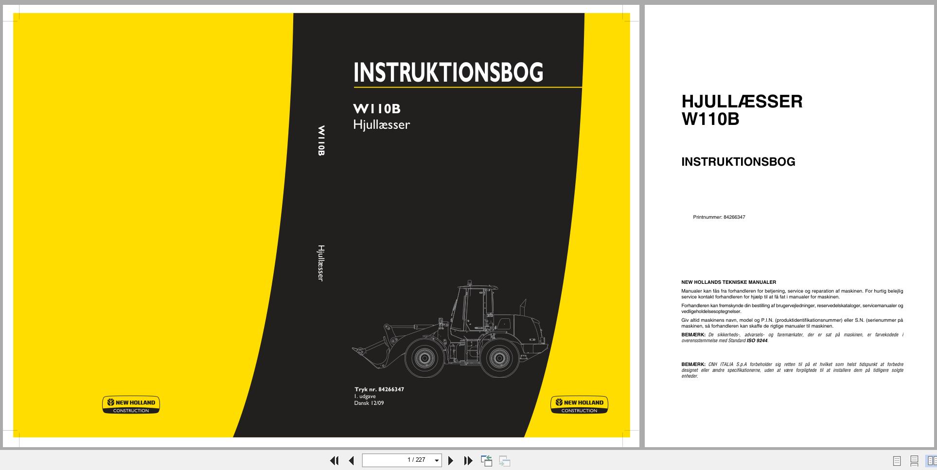 New Holland Wheel Loader W110B Operators Manual 84266347 2009 DK (1)