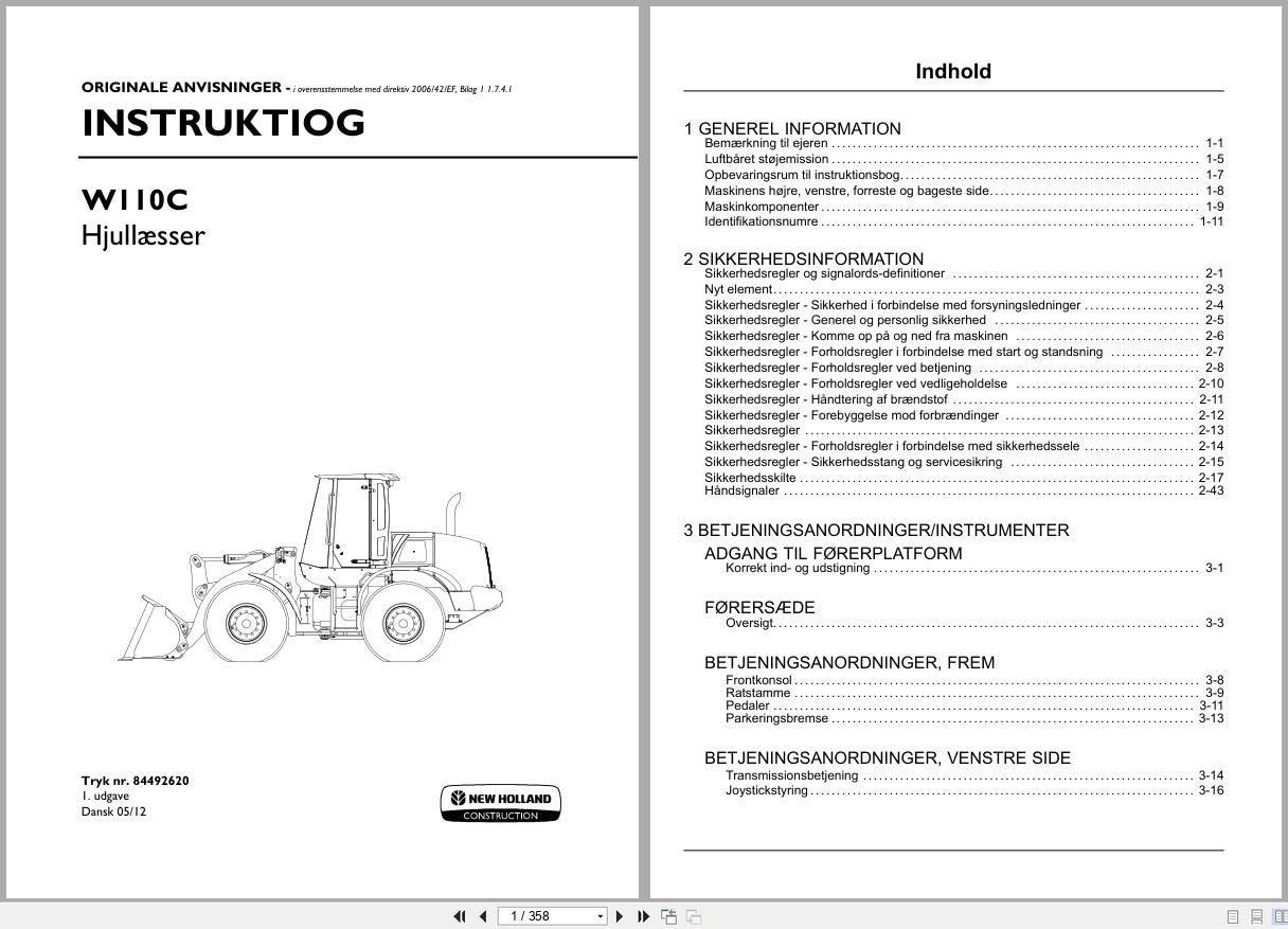 New Holland Wheel Loader W110C Operators Manual 84492620 2012 DK (1)