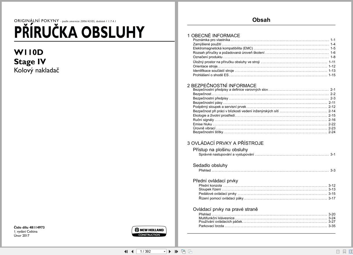 New Holland Wheel Loader W110D Stage IV Operators Manual 48114973 2017 CZ (1)
