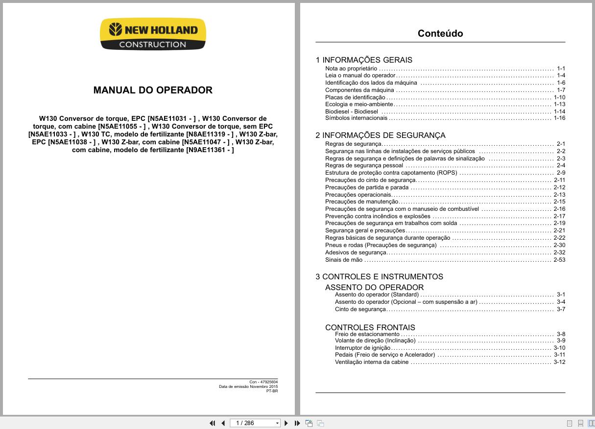 New Holland Wheel Loader W130 Operators Manual 47925604 2015 BR (1)