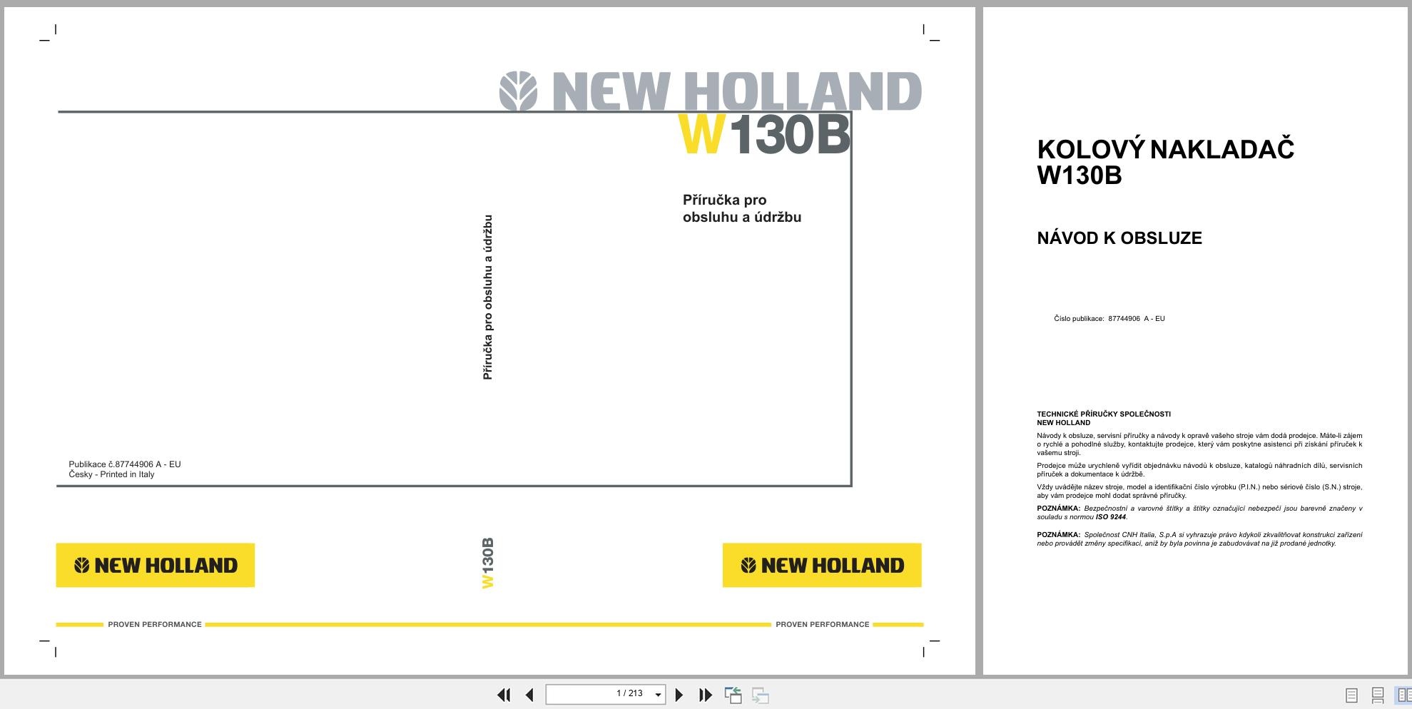 New Holland Wheel Loader W130B Operators Manual 87744906 2007 CZ (1)