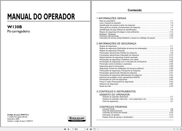 New Holland Wheel Loader W130B Operators Manual 90457312 2020 Br (1)