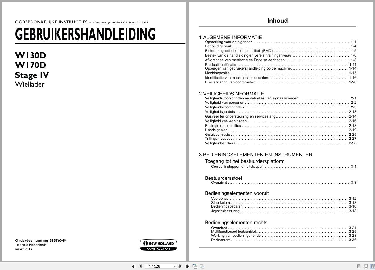 New Holland Wheel Loader W130D W170D Stage IV Operators Manual 51576049 2019 NL (1)