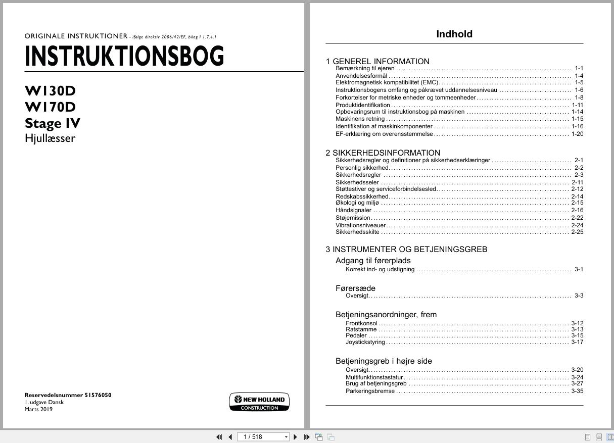 New Holland Wheel Loader W130D W170D Stage IV Operators Manual 51576050 2019 DK (1)