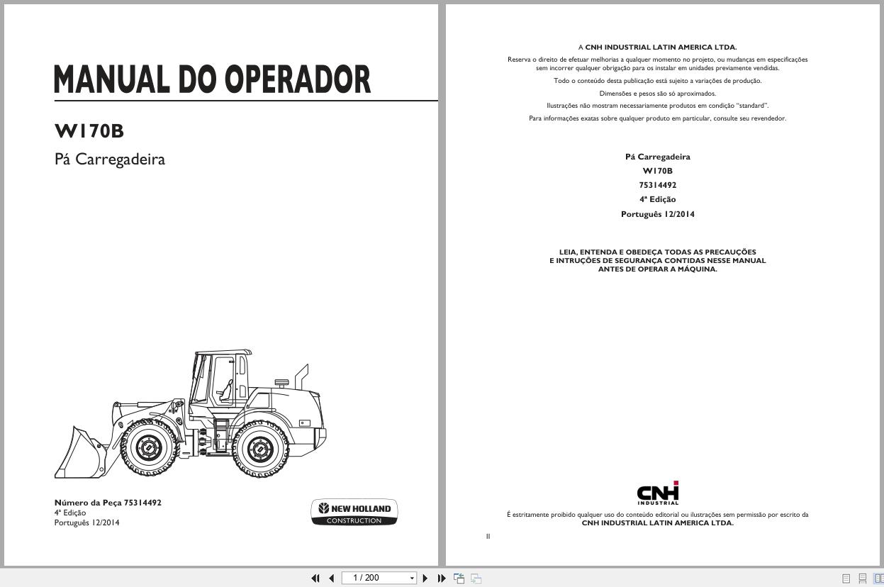 New Holland Wheel Loader W170B Operators Manual 75314492 2014 BR (1)
