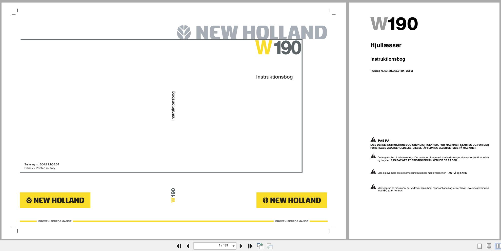 New Holland Wheel Loader W190 Operators Manual Operators Manual 6042196501 2005 DK (1)