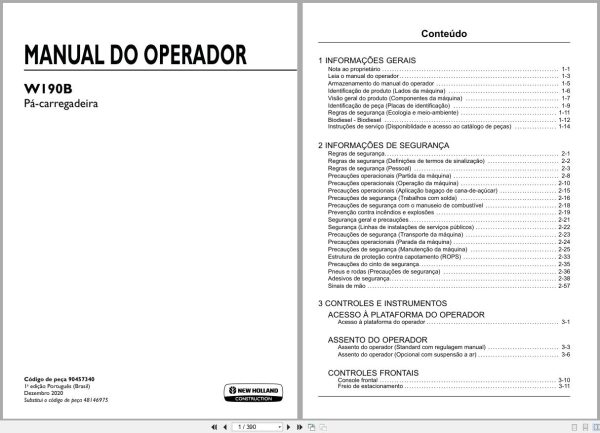 New Holland Wheel Loader W190B Operators Manual 90457340 2020 Br (1)