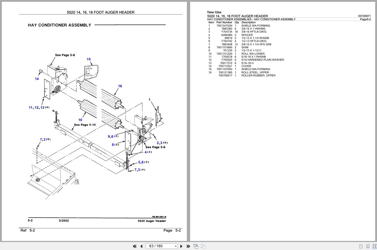 New Idea Auger Header 5020 14 16 18 Parts Catalog 700720671A 2002 (2)