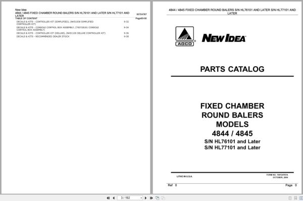 New Idea Fixed Chamber Round Baler 4844 4845 Parts Catalog 700724787A 2004 (1)