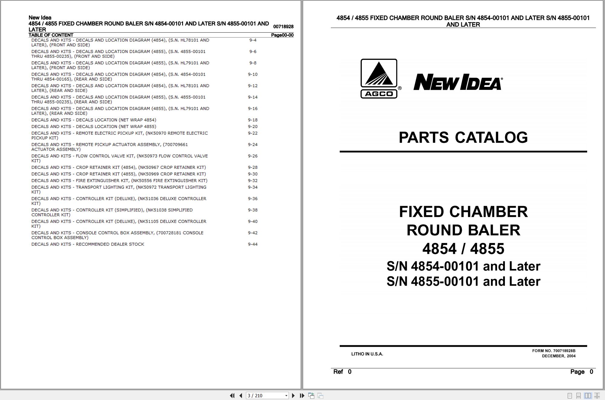 New Idea Fixed Chamber Round Baler 4854 4855 Parts Catalog 700718928B 2004 (1)
