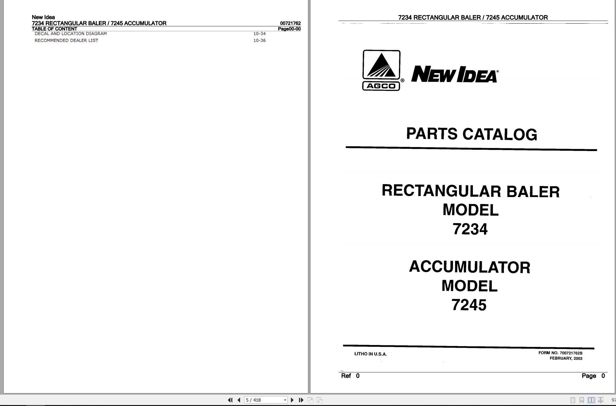 New Idea Rectangular Baler 7234 Accumulator 7245 Parts Catalog 700721762B 2003 (1)