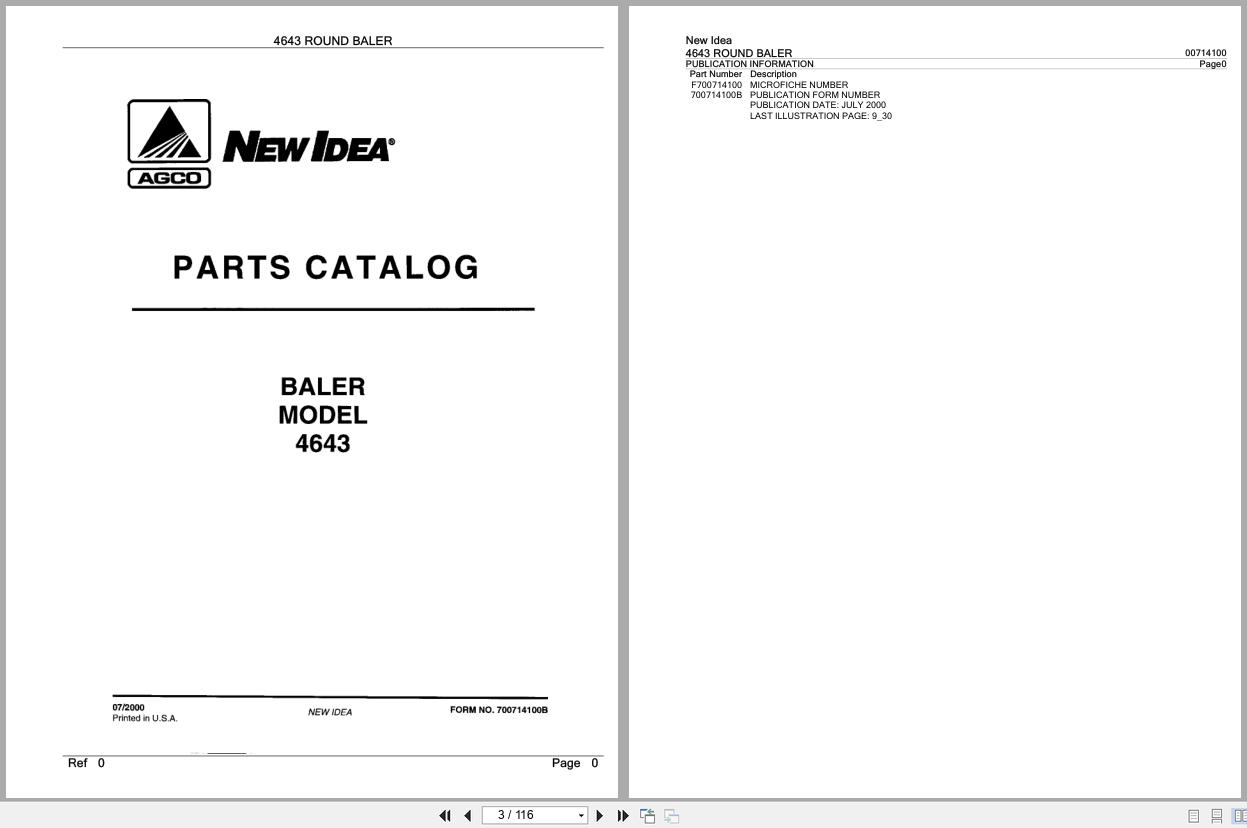 New Idea Round Baler 4643 Parts Catalog 700714100B 2000 (1)
