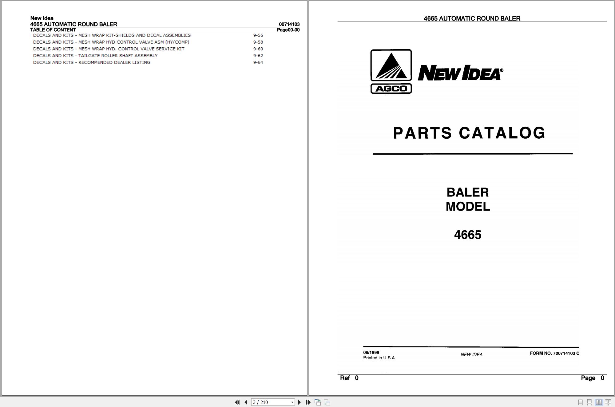 New Idea Round Baler 4665 Automatic Parts Catalog 700714103C (1)