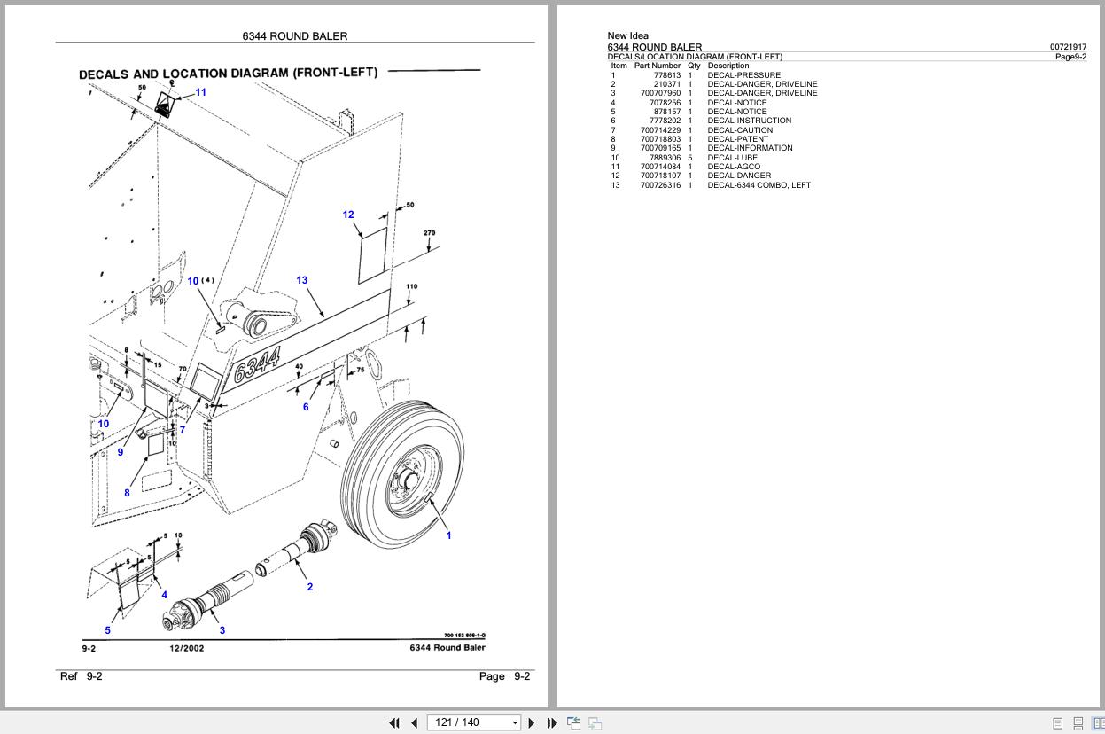New Idea Round Baler 6344 Parts Catalog 700721917B 2003 (2)