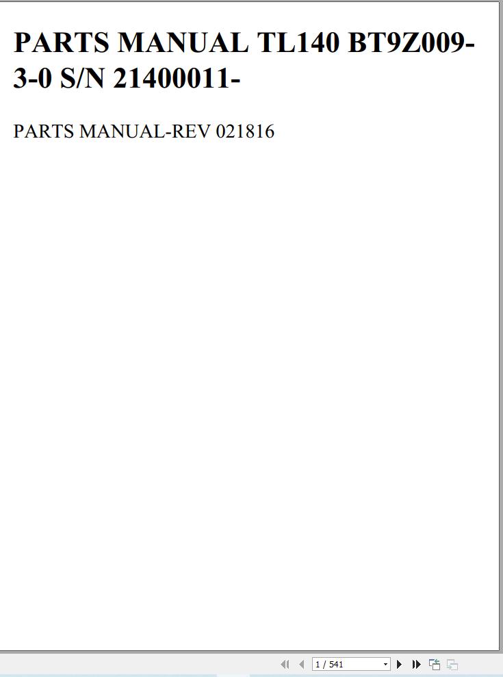 Takeuchi Loader TL140 Parts Manual BT9Z009 3 0 1