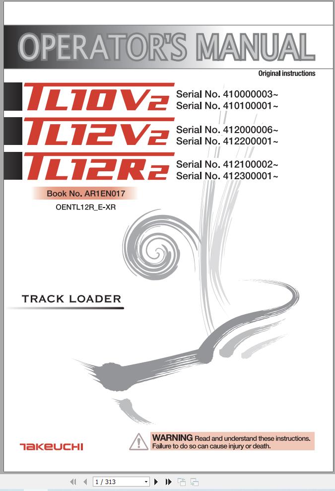 Takeuchi Track Loader TL10V2 TL12V2 TL12R2 Operators Manual OENTL12R E XR 1