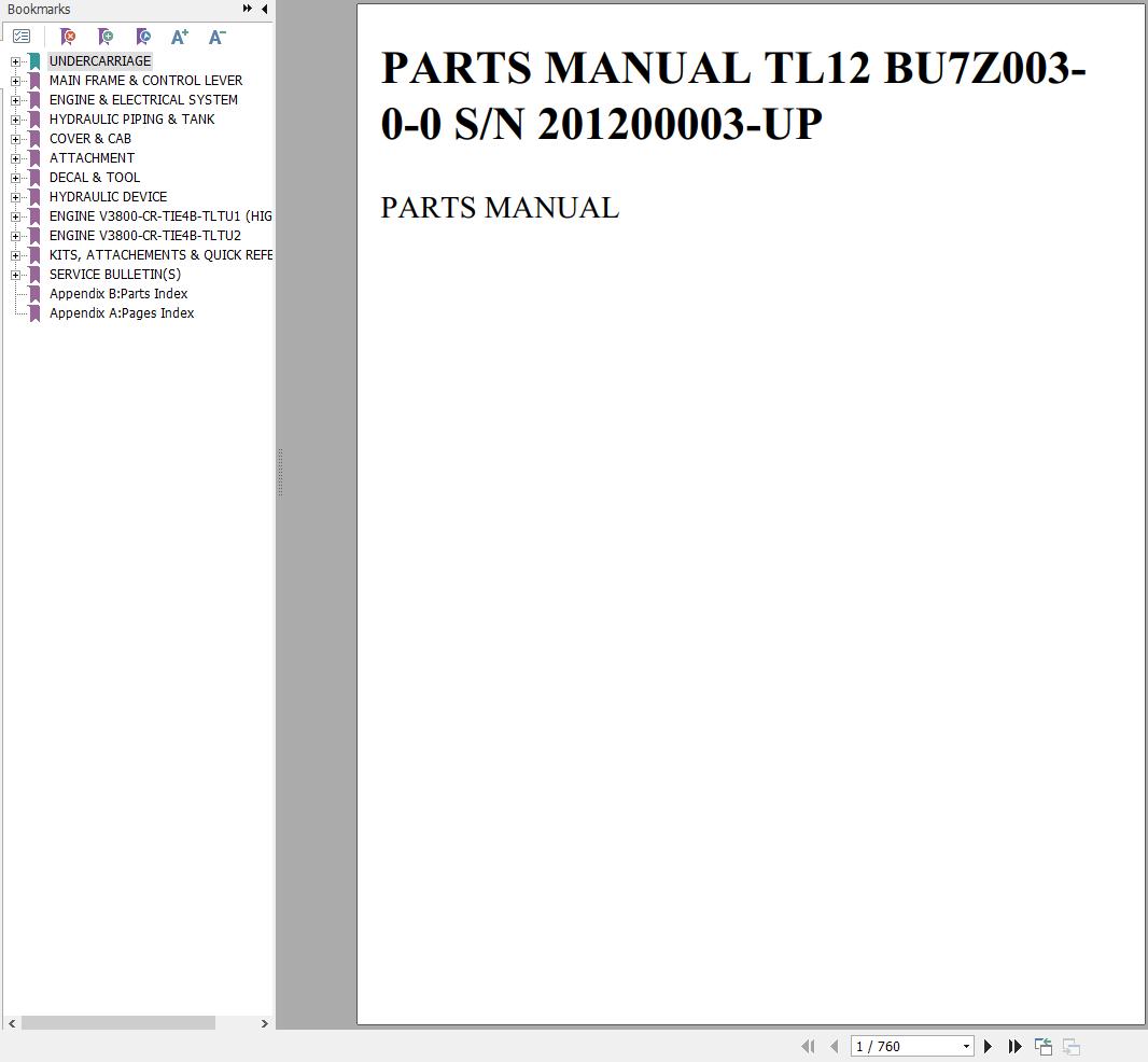 Takeuchi Track Loader TL12 Parts Manual BU7Z003 0 0 1