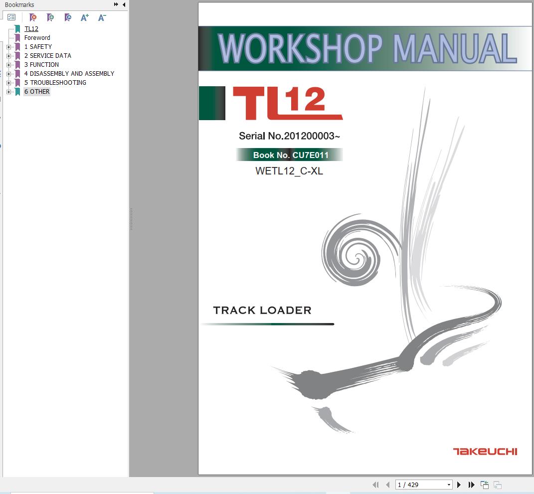 Takeuchi Track Loader TL12 Workshop Manual WETL12 C XL 1