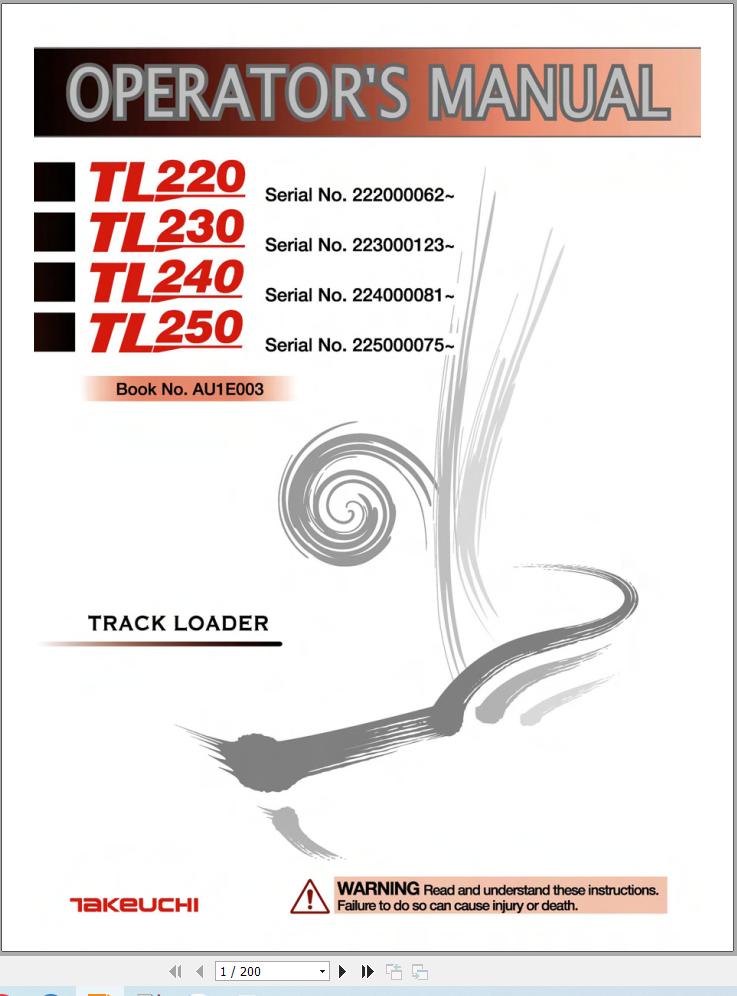 Takeuchi Track Loader TL220 Tl230 TL240 TL250 Operators Manual AU1E003 1