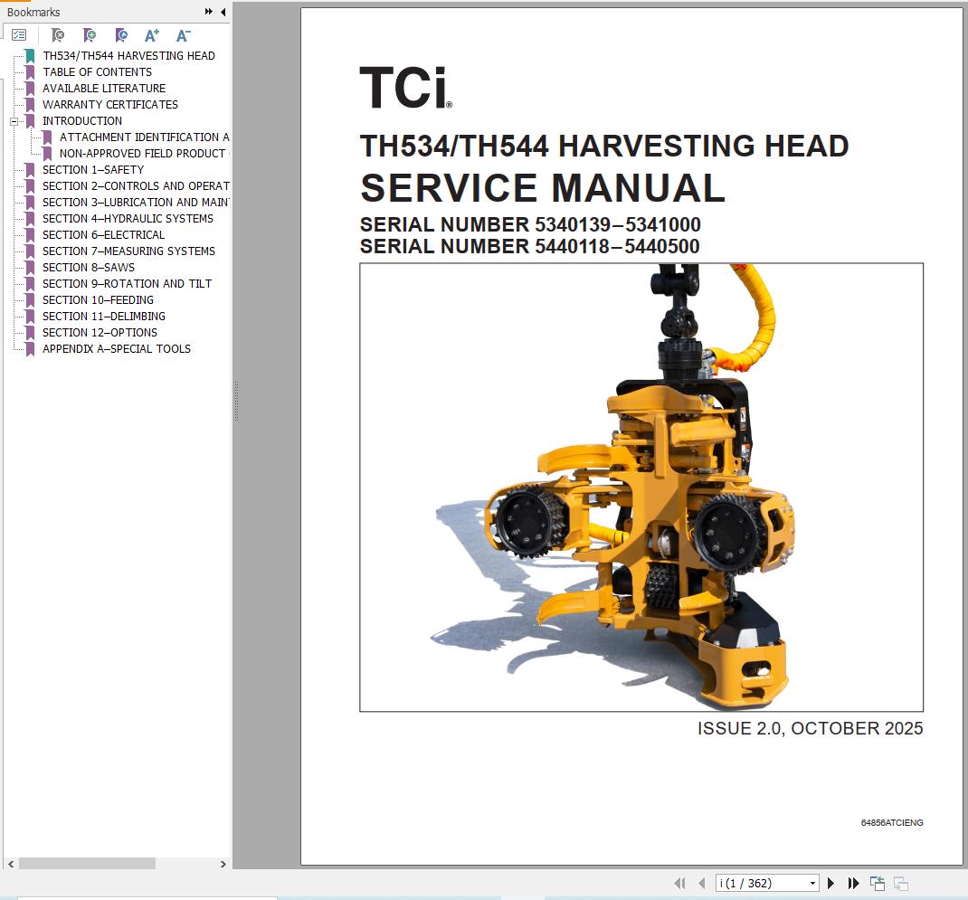 Tigercat Harvesting Head TH534 TH544 Service Manual 64856ATCIENG (1)
