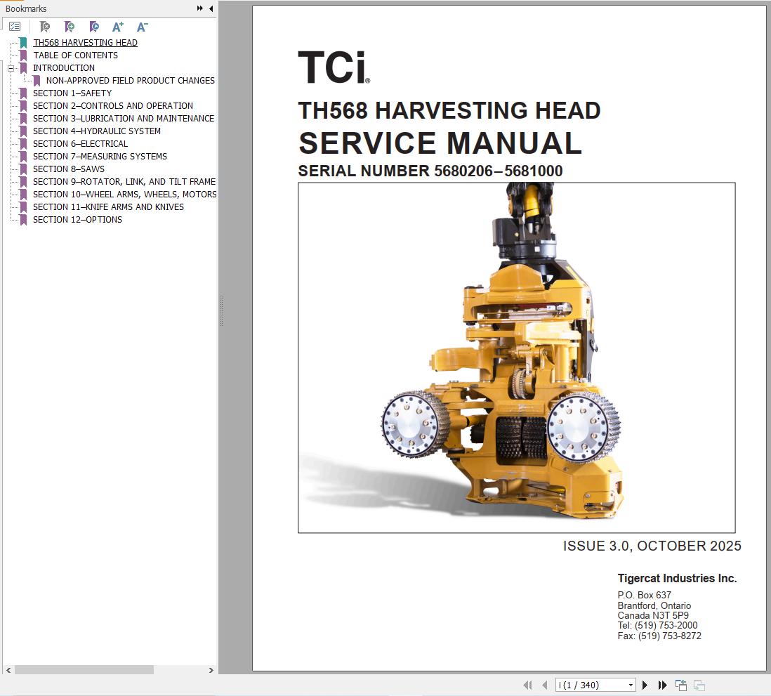 Tigercat Harvesting Head TH568 Service Manual 56526ATCIENG (1)
