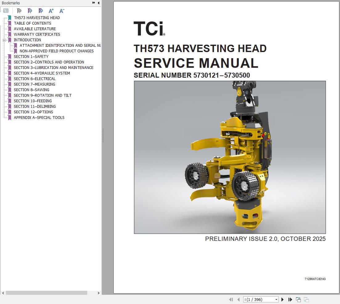Tigercat Harvesting Head TH573 Service Manual 71286ATCIENG (1)
