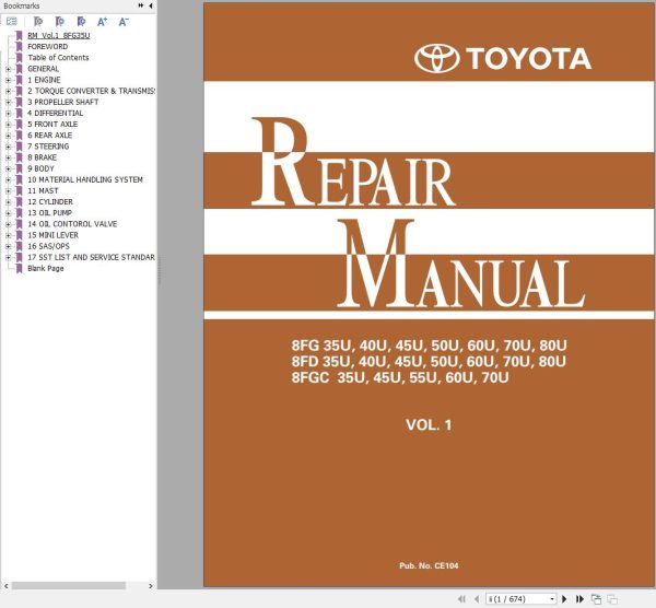 Toyota Forklift 8FG35U to 8FGC70U Repair Manual CE104 1